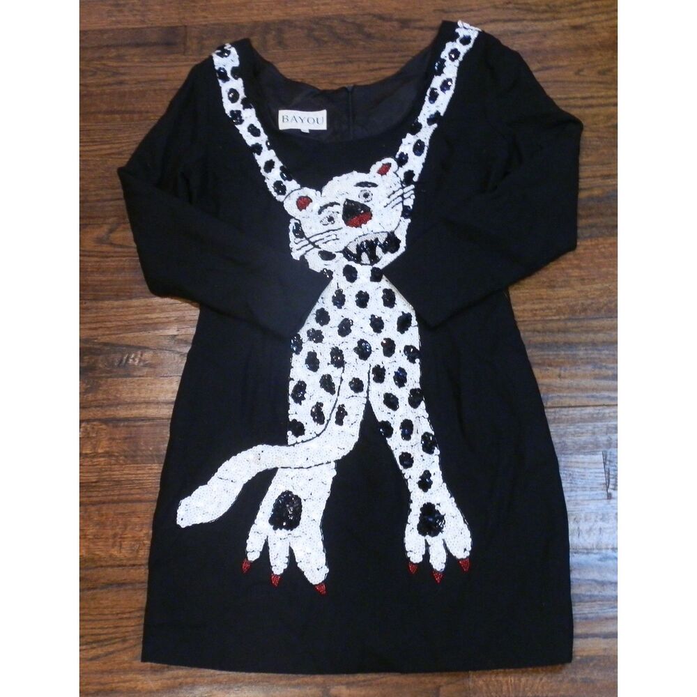 Bayou Women's Vintage Leopard Design Lined Black Sequin Dress Size Large